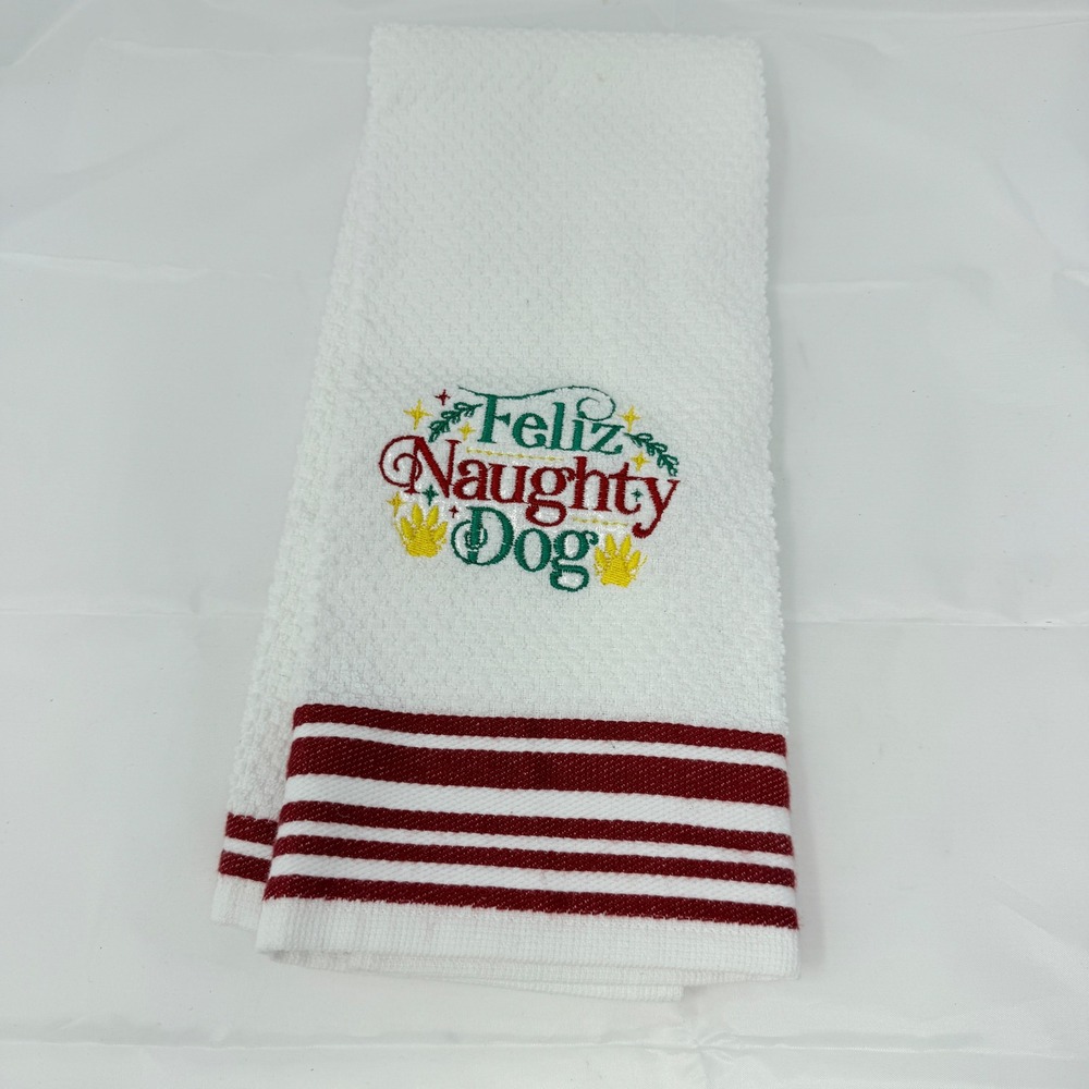 Mainstays White Hand Towel Feliz Naughty Dog Christmas‎ Holiday Kitchen Bath